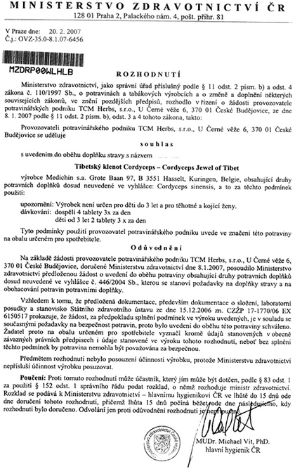 Schv�len� St�tn�m zdravotn�m �stavem (SZ�) a Ministerstvem zdravotnictv� �R o zdravotn� nez�vadnosti bylinn�ch tablet a kuli�ek WAN.