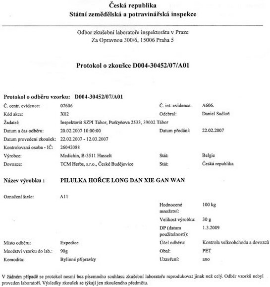 Vy�et�en� St�tn� zem�d�lskou a potravin��skou inspekc� (SZPI), potvrzuj�c� nep��tomnost kyseliny aristolochov� u Pilulky ho�ce - k�d 014